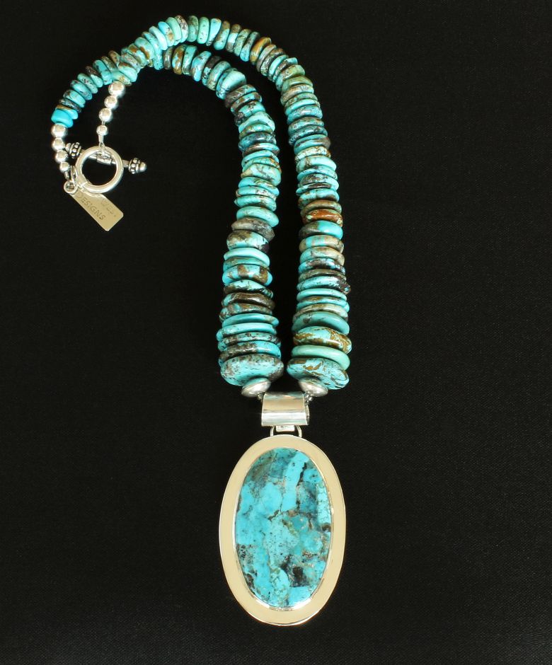 Kingman Turquoise and Sterling Silver Oval Pendant with Graduated Turquoise Disc and Sterling Silver Beads and Toggle Clasp