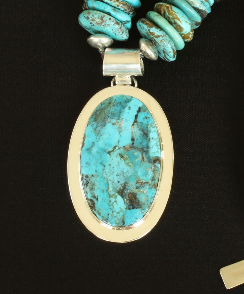 Kingman Turquoise and Sterling Silver Oval Pendant with Graduated Turquoise Disc and Sterling Silver Beads and Toggle Clasp