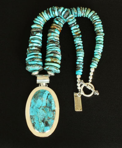 Kingman Turquoise and Sterling Silver Oval Pendant with Graduated Turquoise Disc and Sterling Silver Beads and Toggle Clasp