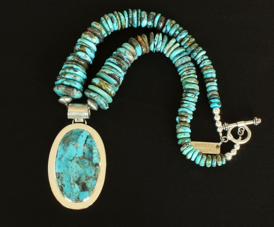 Kingman Turquoise and Sterling Silver Oval Pendant with Graduated Turquoise Disc and Sterling Silver Beads and Toggle Clasp