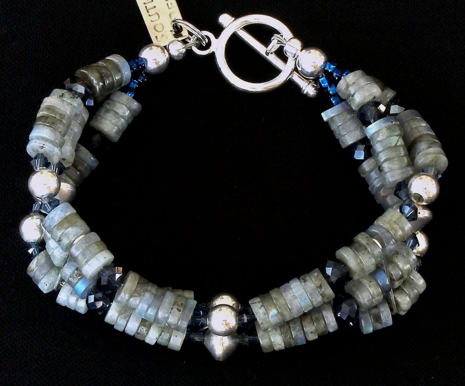 Labradorite Heishi 3-Strand Bracelet with Dark Blue Thunder Polish Faceted Crystal Rondelles and Sterling Silver