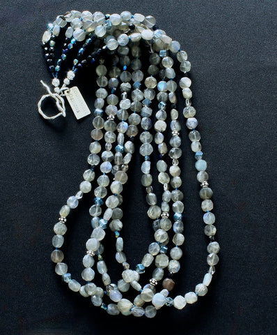 Labradorite Coin Bead 4-Strand Necklace with Czech Glass and Sterling Silver