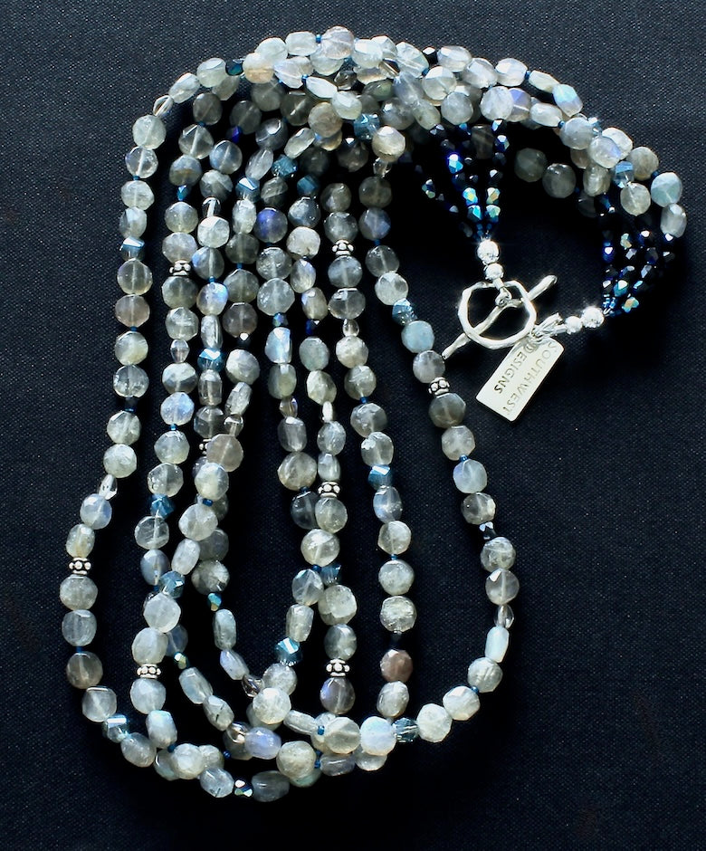 Labradorite Coin Bead 4-Strand Necklace with Czech Glass and Sterling Silver
