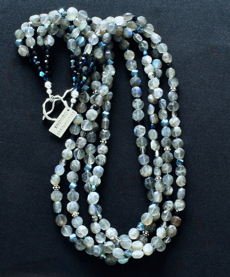 Labradorite Coin Bead 4-Strand Necklace with Czech Glass and Sterling Silver