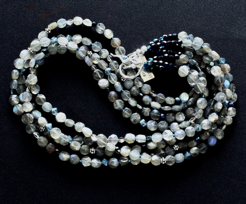 Labradorite Coin Bead 4-Strand Necklace with Czech Glass and Sterling Silver