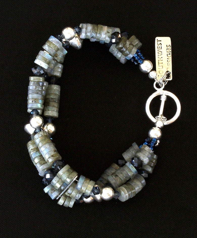 Labradorite Heishi 3-Strand Bracelet with Dark Blue Thunder Polish Crystal and Sterling Silver