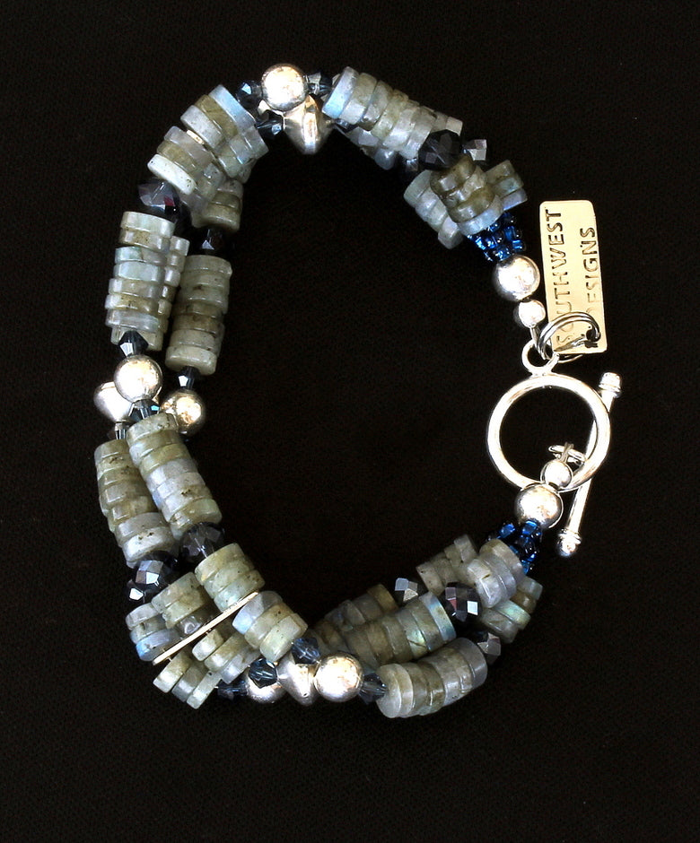 Labradorite Heishi 3-Strand Bracelet with Dark Blue Thunder Polish Crystal and Sterling Silver