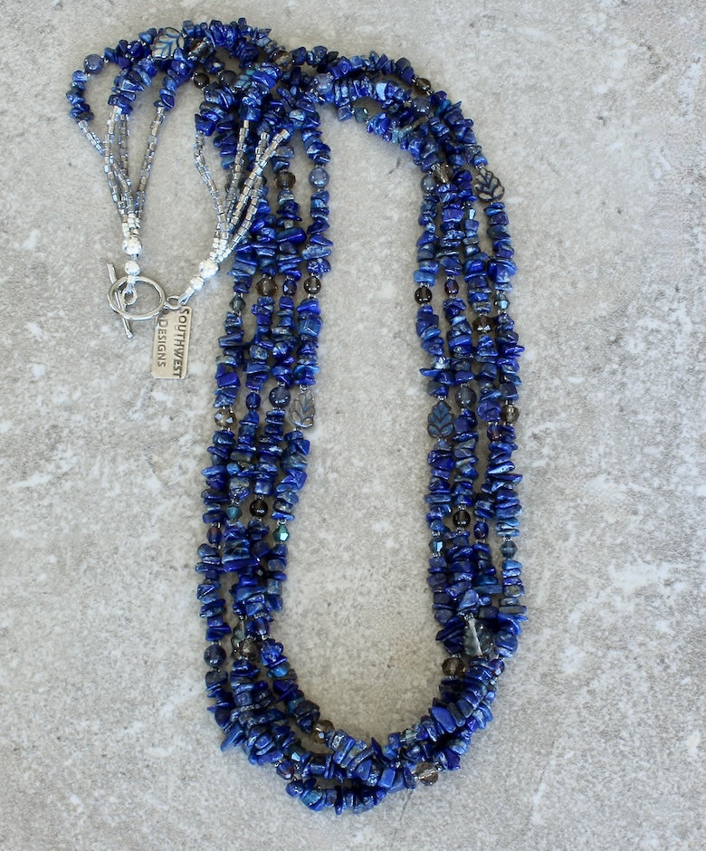 Lapis Lazuli Chip 4-Strand Necklace with Czech Glass, Iolite and Smoky Quartz