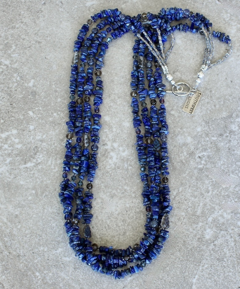 Lapis Lazuli Chip 4-Strand Necklace with Czech Glass, Iolite and Smoky Quartz