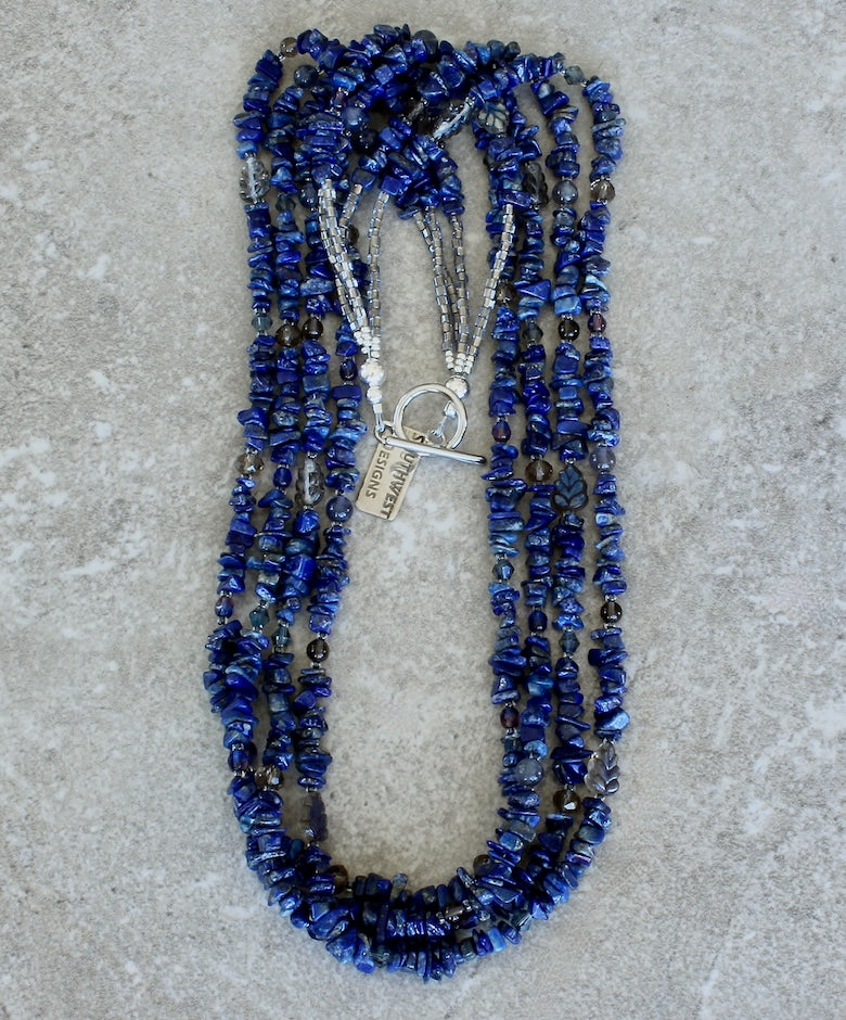 Lapis Lazuli Chip 4-Strand Necklace with Czech Glass, Iolite and Smoky Quartz