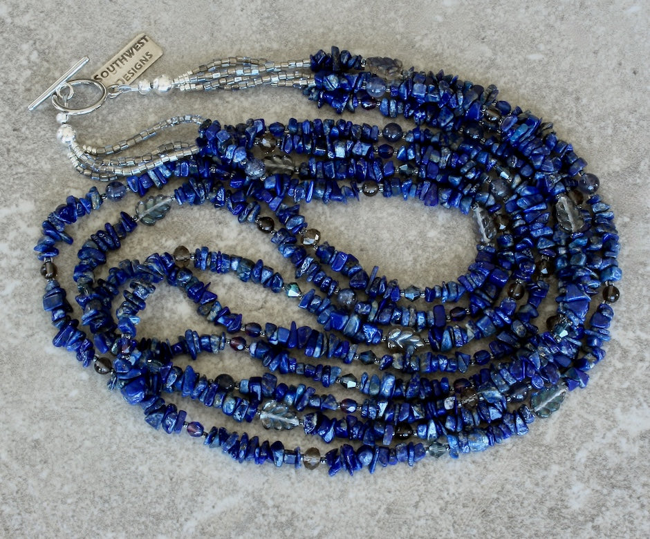 Lapis Lazuli Chip 4-Strand Necklace with Czech Glass, Iolite and Smoky Quartz