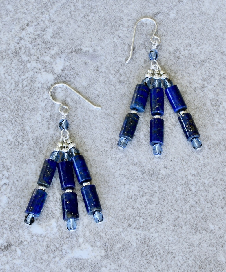 Lapis Cylinder Bead 3-Dangle Earrings with Czech Glass and Sterling Silver