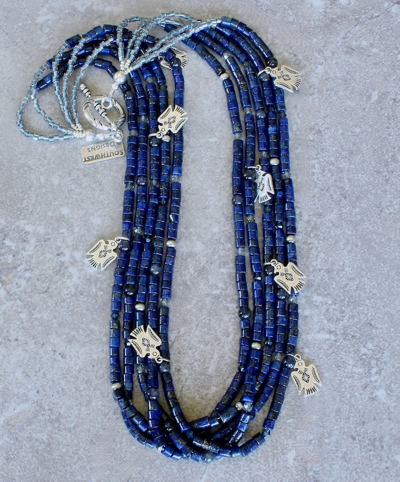 Lapis Lazuli Cylinder Bead 5-Strand Necklace with Czech Glass, Oxidized Sterling Silver Rounds, and Silver Thunderbird Charms and Toggle Clasp