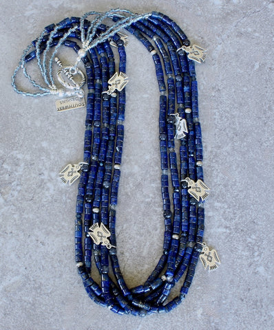 Lapis Lazuli Cylinder Bead 5-Strand Necklace with Czech Glass, Oxidized Sterling Silver Rounds, and Silver Thunderbird Charms and Toggle Clasp