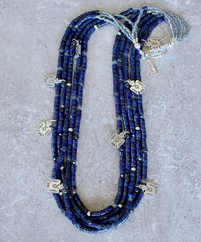 Lapis Lazuli Cylinder Bead 5-Strand Necklace with Czech Glass, Oxidized Sterling Silver Rounds, and Silver Thunderbird Charms and Toggle Clasp