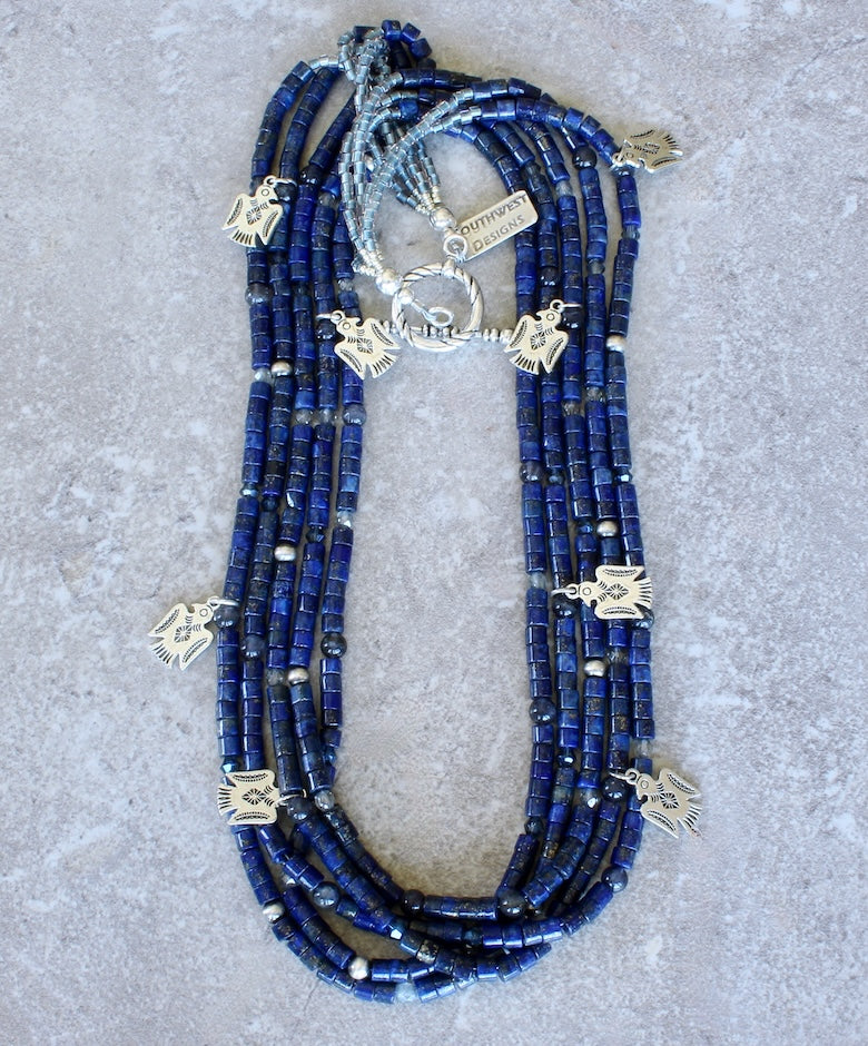 Lapis Lazuli Cylinder Bead 5-Strand Necklace with Czech Glass, Oxidized Sterling Silver Rounds, and Silver Thunderbird Charms and Toggle Clasp