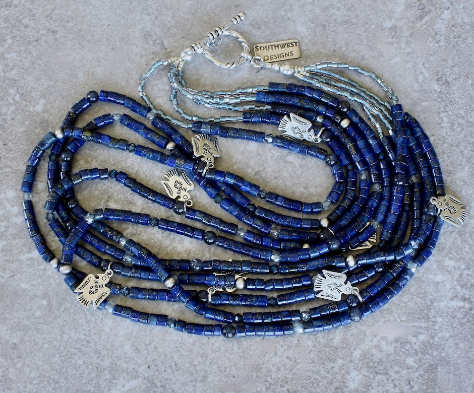 Lapis Lazuli Cylinder Bead 5-Strand Necklace with Czech Glass, Oxidized Sterling Silver Rounds, and Silver Thunderbird Charms and Toggle Clasp