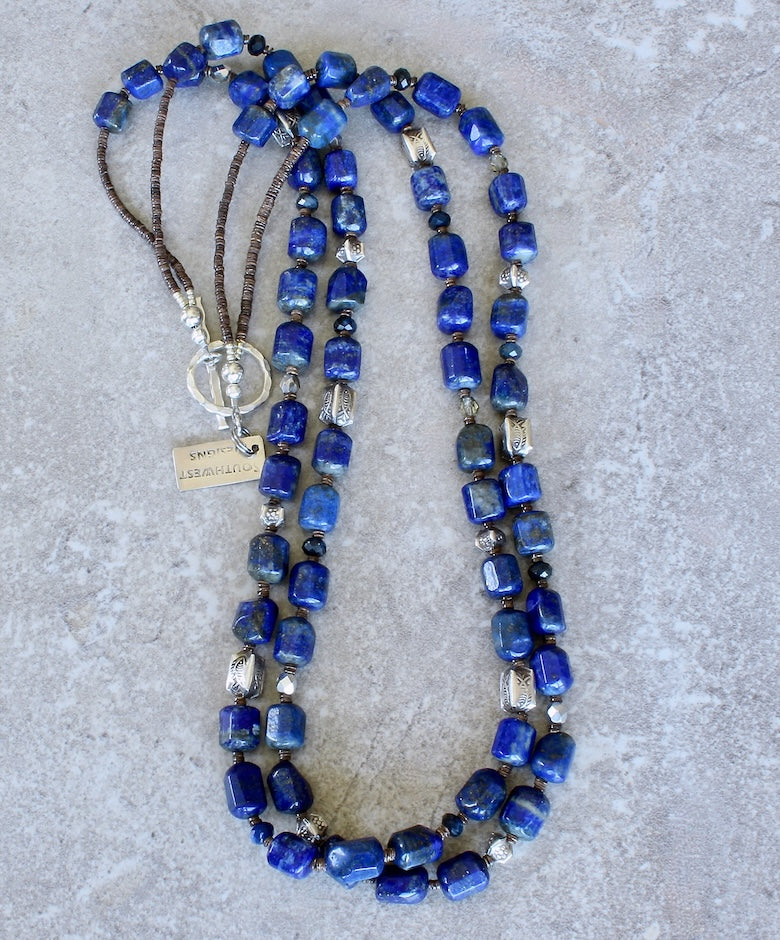 Lapis Faceted Cylinder Bead 2-Strand Necklace with Lapis Rondelles, Czech Fire Polished Glass, and Hill Tribe Silver Box Beads
