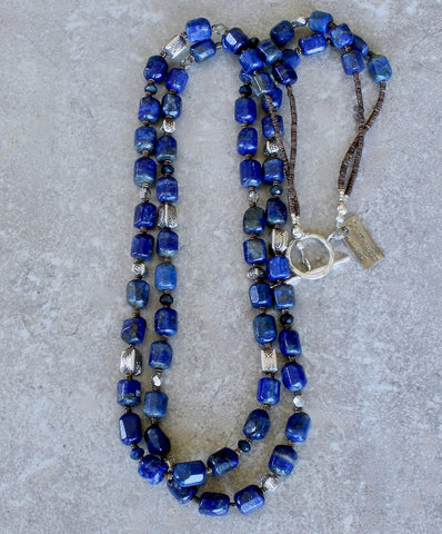 Lapis Faceted Cylinder Bead 2-Strand Necklace with Lapis Rondelles, Czech Fire Polished Glass, and Hill Tribe Silver Box Beads