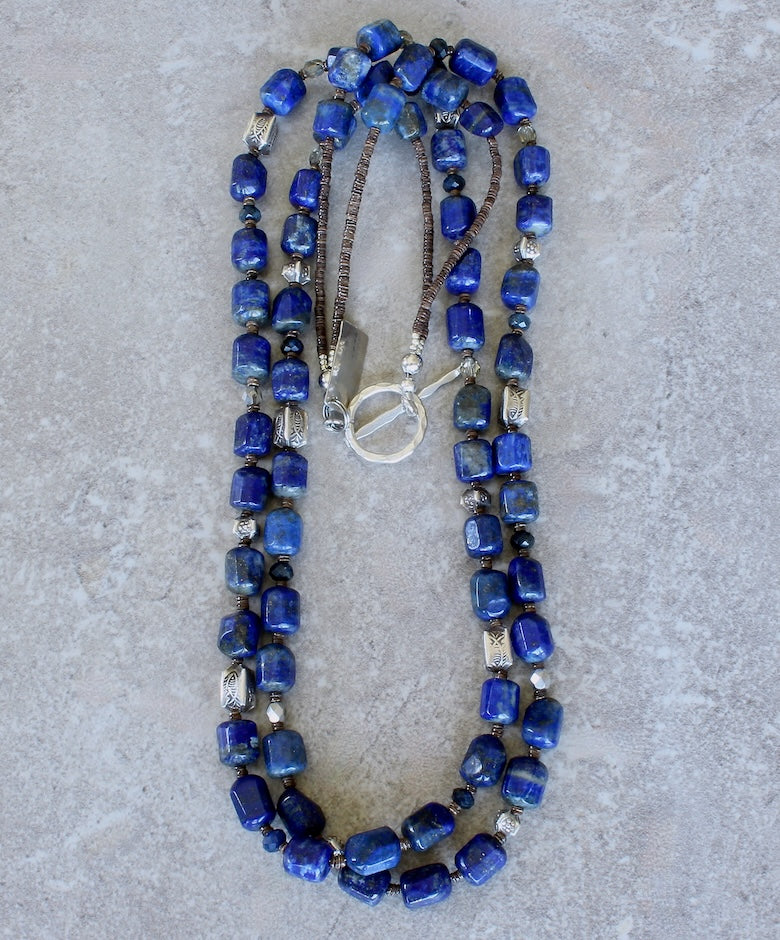 Lapis Faceted Cylinder Bead 2-Strand Necklace with Lapis Rondelles, Czech Fire Polished Glass, and Hill Tribe Silver Box Beads