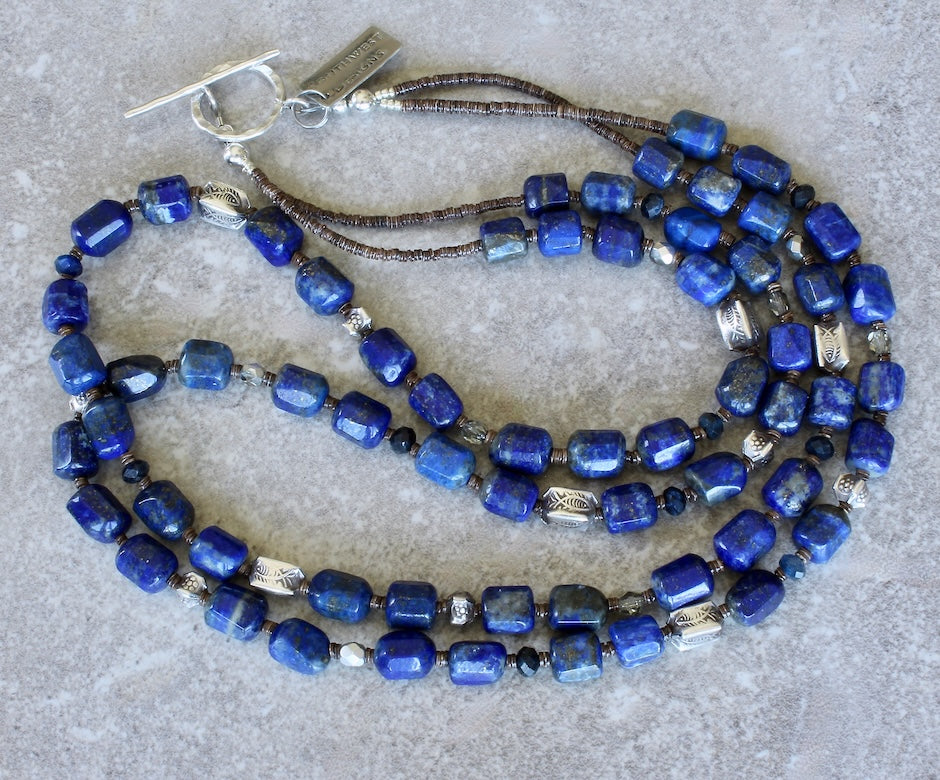 Lapis Faceted Cylinder Bead 2-Strand Necklace with Lapis Rondelles, Czech Fire Polished Glass, and Hill Tribe Silver Box Beads