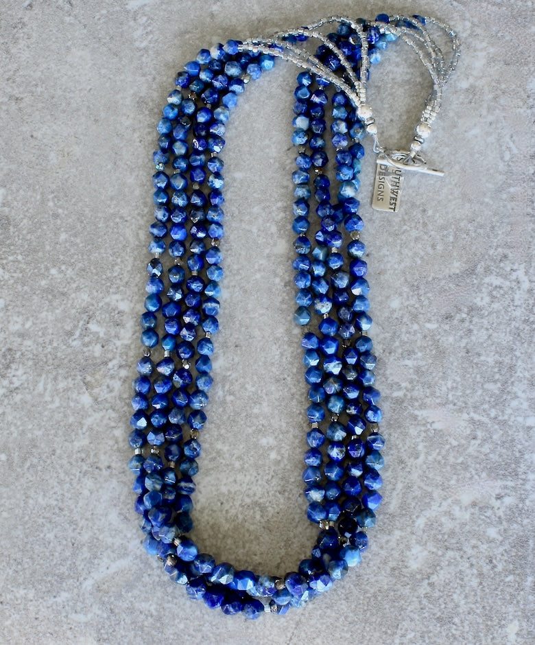 Lapis Faceted Rounds 4-Strand Necklace with Czech Fire Polished Glass, Miyuki Glass Cylinders, and a Sterling Silver Toggle Clasp