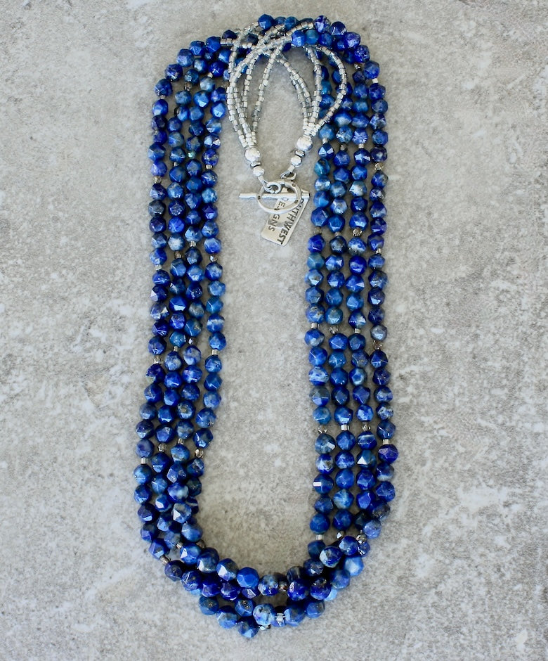Lapis Faceted Rounds 4-Strand Necklace with Czech Fire Polished Glass, Miyuki Glass Cylinders, and a Sterling Silver Toggle Clasp