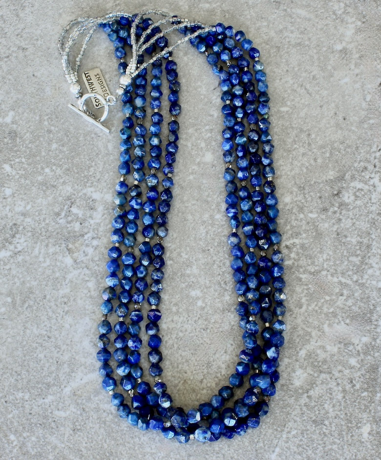 Lapis Faceted Rounds 4-Strand Necklace with Czech Fire Polished Glass, Miyuki Glass Cylinders, and a Sterling Silver Toggle Clasp