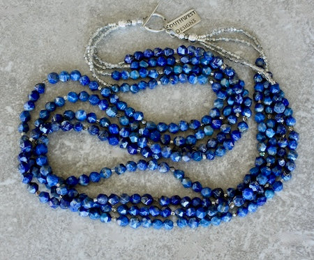 Lapis Faceted Rounds 4-Strand Necklace with Czech Fire Polished Glass, Miyuki Glass Cylinders, and a Sterling Silver Toggle Clasp
