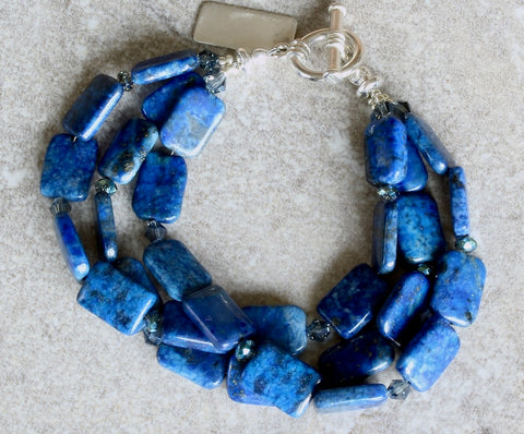 Lapis Lazuli Rectangles 3-Strand Bracelet with Czech Fire Polished Glass and Sterling Silver