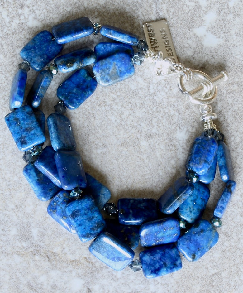 Lapis Lazuli Rectangles 3-Strand Bracelet with Czech Fire Polished Glass and Sterling Silver