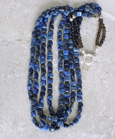 Lapis Lazuli Squares 4-Strand Necklace with Smoky Quartz Rounds & Rondelles, Hill Tribe Silver Ornate Rondelles, and a Sterling Silver Toggle Clasp