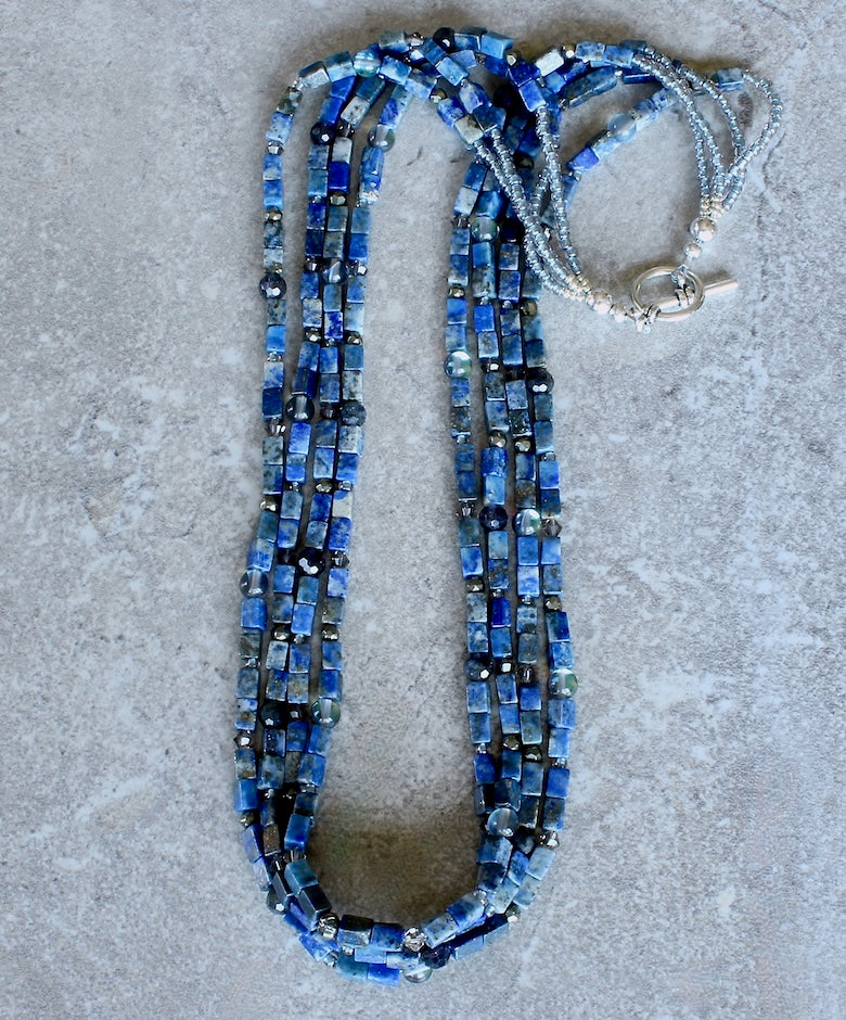 Lapis Lazuli Rectangles 4-Strand Necklace with Iolite, Aura Quartz, Pyrite and a Sterling Silver Toggle Clasp