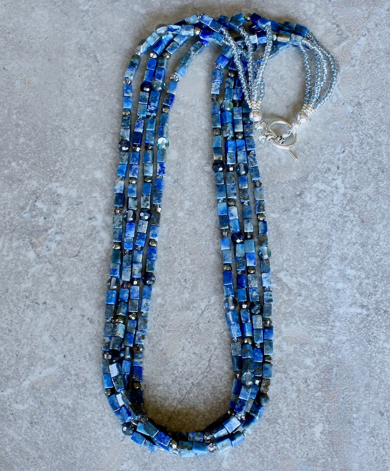 Lapis Lazuli Rectangles 4-Strand Necklace with Iolite, Aura Quartz, Pyrite and a Sterling Silver Toggle Clasp
