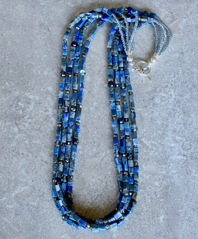 Lapis Lazuli Rectangles 4-Strand Necklace with Iolite, Aura Quartz, Pyrite and a Sterling Silver Toggle Clasp