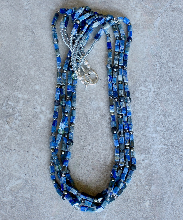Lapis Lazuli Rectangles 4-Strand Necklace with Iolite, Aura Quartz, Pyrite and a Sterling Silver Toggle Clasp
