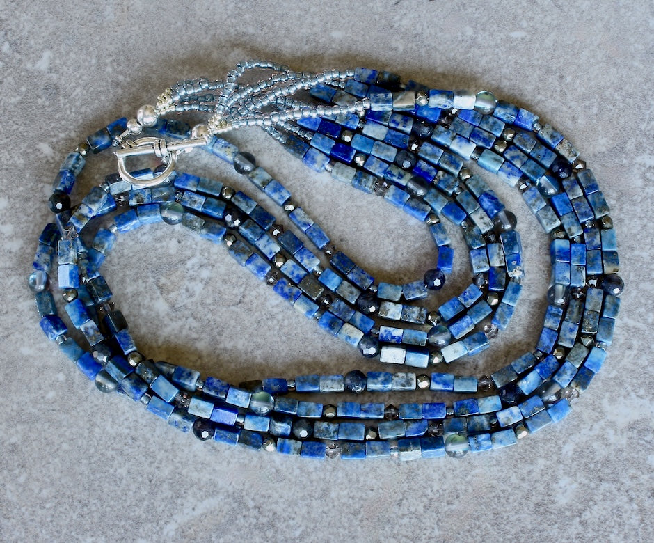 Lapis Lazuli Rectangles 4-Strand Necklace with Iolite, Aura Quartz, Pyrite and a Sterling Silver Toggle Clasp