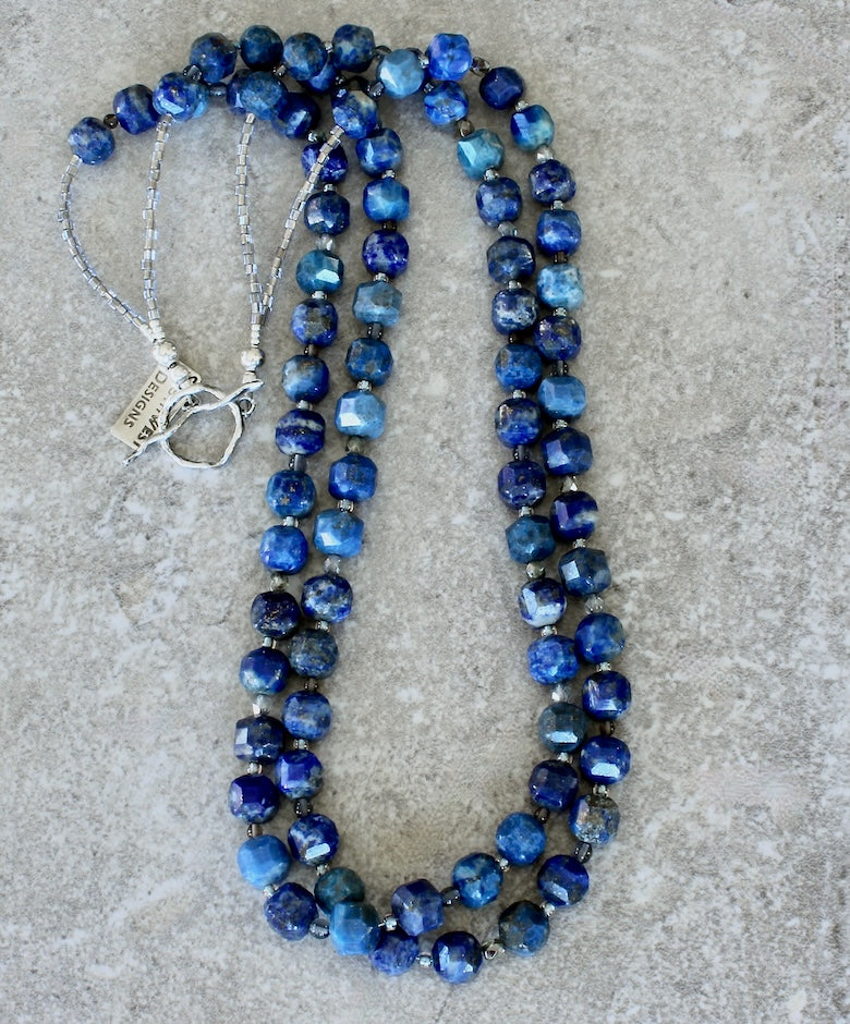 Lapis Lazuli Faceted Rounds 2-Strand Necklace with Czech Glass, Smoky Quartz and Sterling Silver