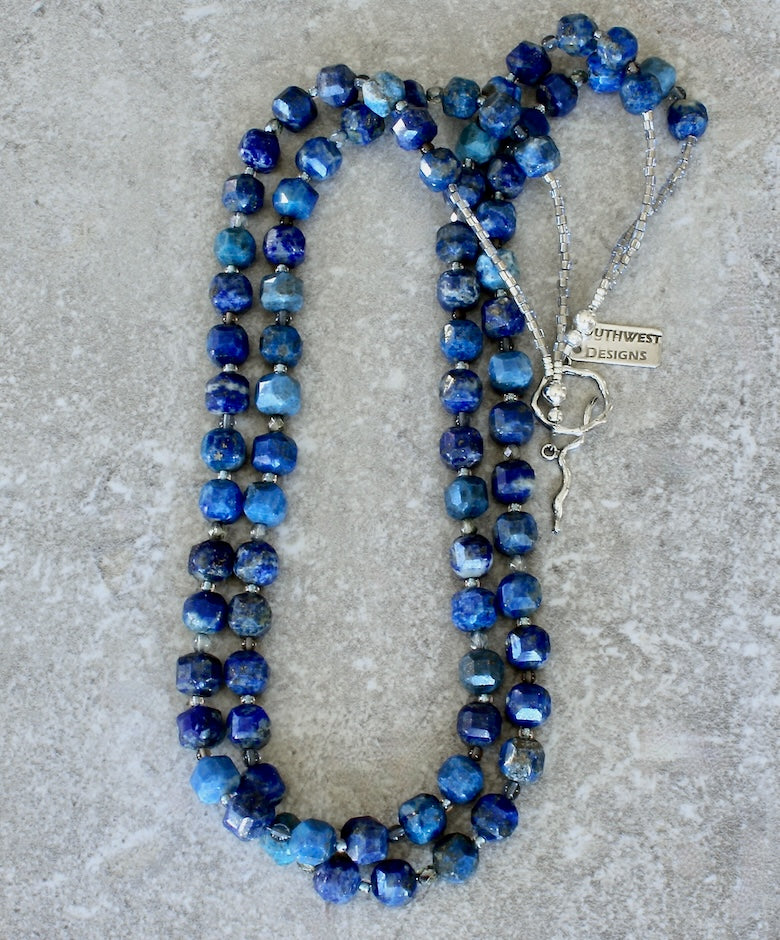 Lapis Lazuli Faceted Rounds 2-Strand Necklace with Czech Glass, Smoky Quartz and Sterling Silver