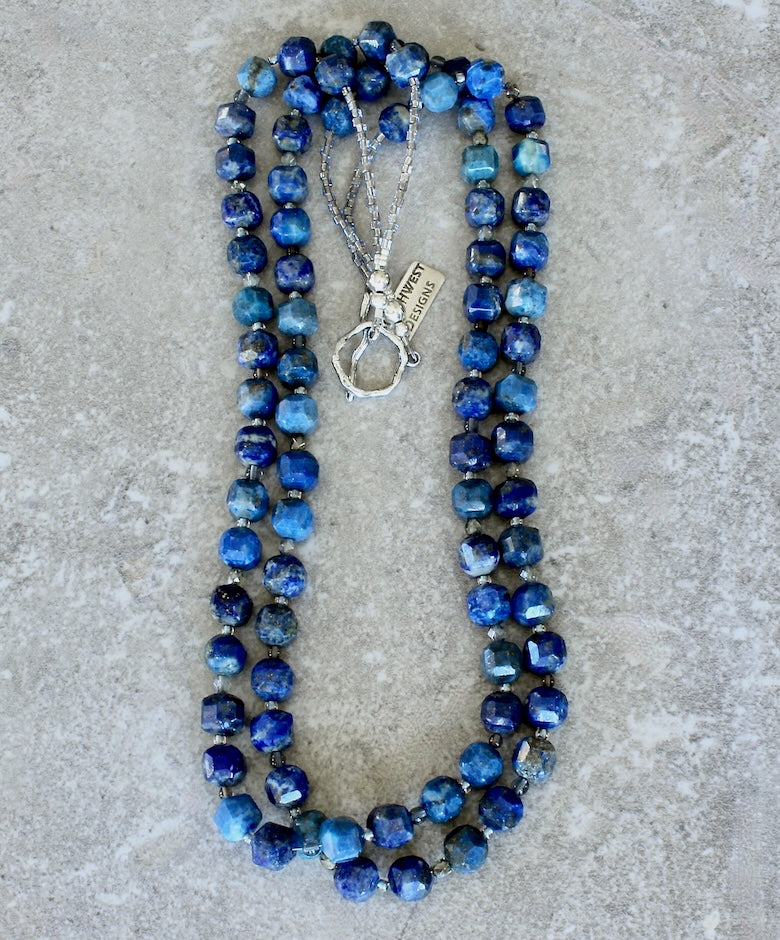Lapis Lazuli Faceted Rounds 2-Strand Necklace with Czech Glass, Smoky Quartz and Sterling Silver