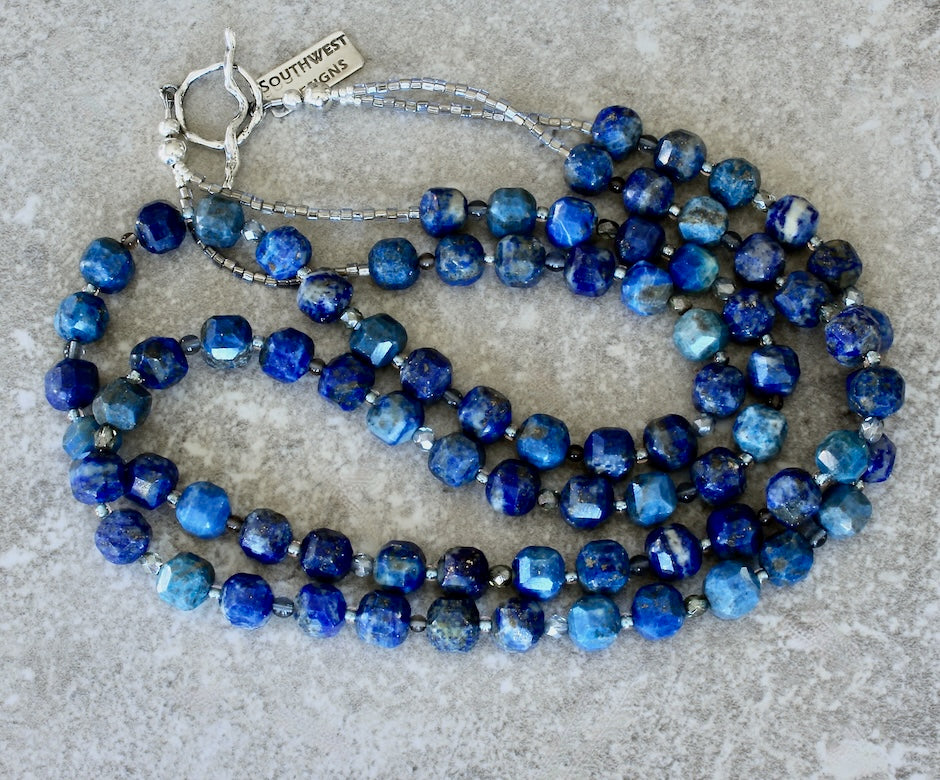 Lapis Lazuli Faceted Rounds 2-Strand Necklace with Czech Glass, Smoky Quartz and Sterling Silver