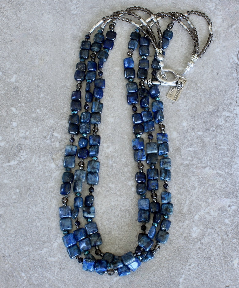 Lapis Lazuli Squares 3-Strand Necklace with Smoky Quartz, Sandstone and Sterling Silver