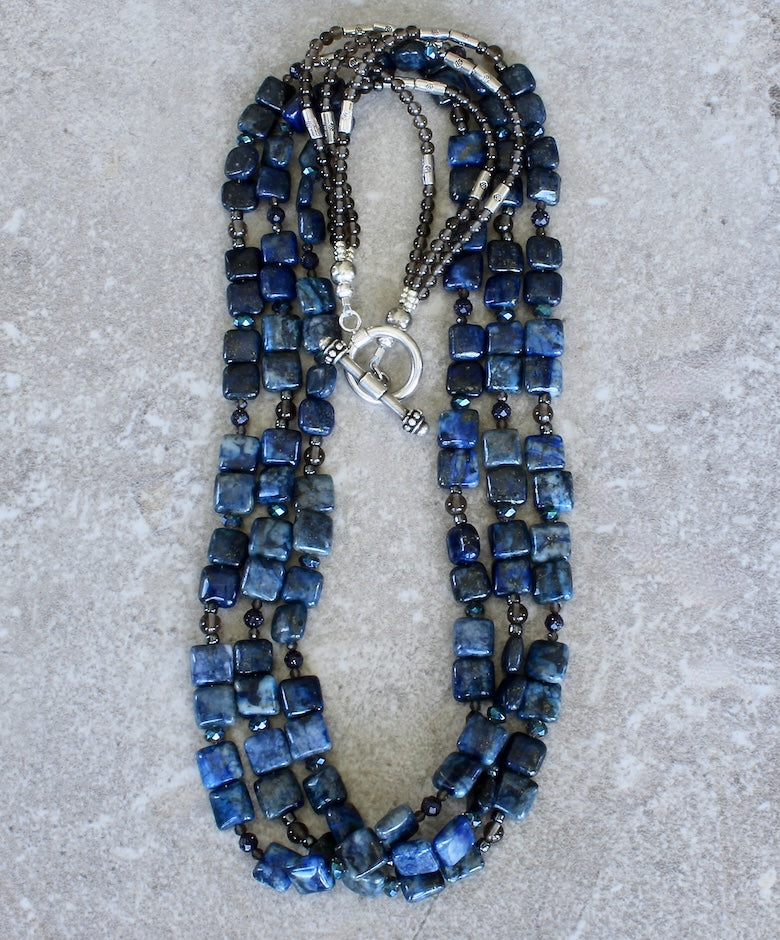 Lapis Lazuli Squares 3-Strand Necklace with Smoky Quartz, Sandstone and Sterling Silver