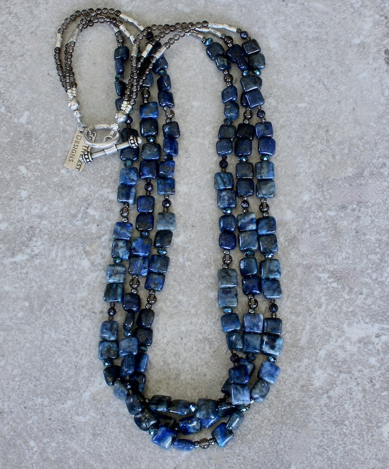 Lapis Lazuli Squares 3-Strand Necklace with Smoky Quartz, Sandstone and Sterling Silver