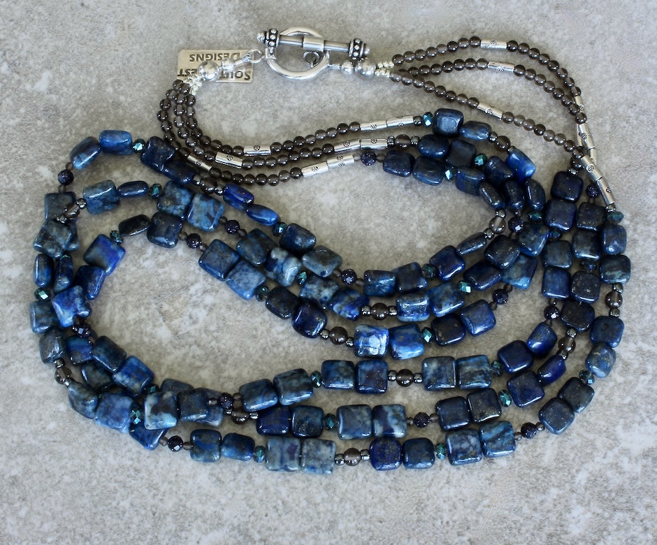 Lapis Lazuli Squares 3-Strand Necklace with Smoky Quartz, Sandstone and Sterling Silver
