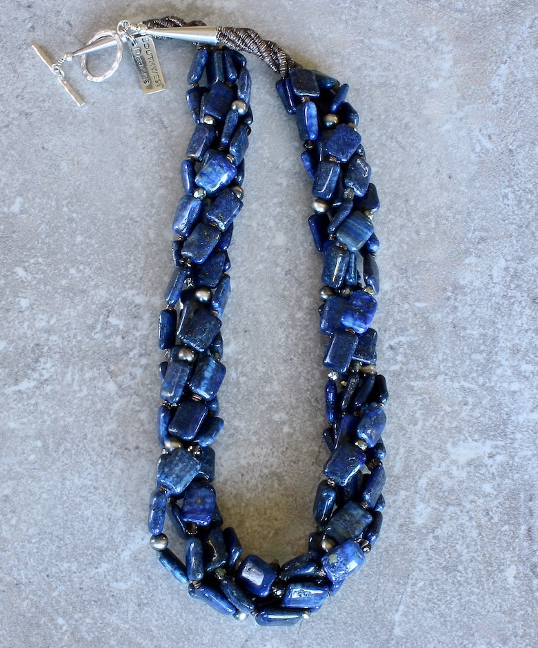 Lapis Lazuli Twist 5-Strand Necklace with Olive Shell Heishi and Oxidized Sterling Silver Rounds