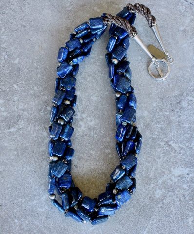 Lapis Lazuli Twist 5-Strand Necklace with Olive Shell Heishi and Oxidized Sterling Silver Rounds