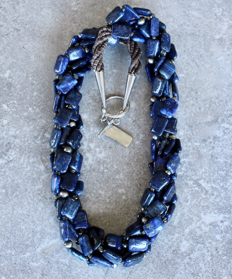 Lapis Lazuli Twist 5-Strand Necklace with Olive Shell Heishi and Oxidized Sterling Silver Rounds