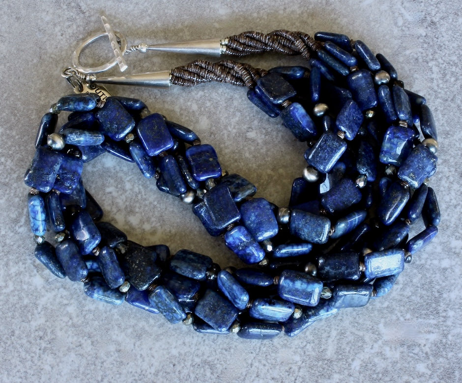 Lapis Lazuli Twist 5-Strand Necklace with Olive Shell Heishi and Oxidized Sterling Silver Rounds