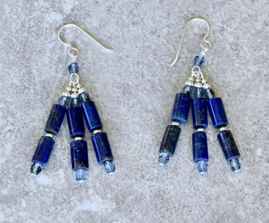 Lapis Cylinder Bead 3-Dangle Earrings with Czech Glass and Sterling Silver